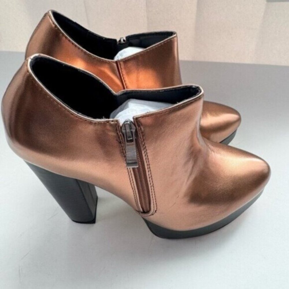 XYD Size 9 Women Trendy Block Chunky High Heels Platform Ankle Boot Bronze Color